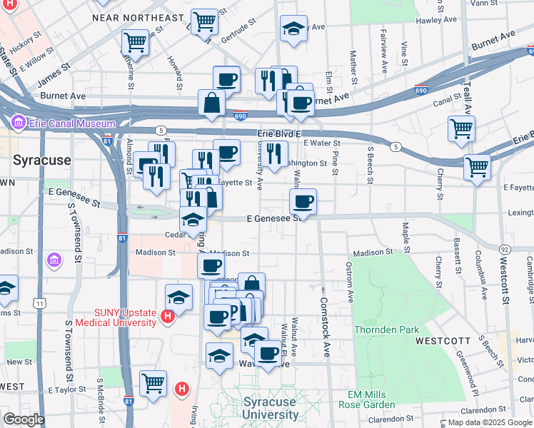 map of restaurants, bars, coffee shops, grocery stores, and more near 325 University Avenue in Syracuse