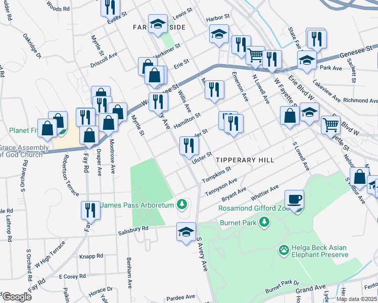 map of restaurants, bars, coffee shops, grocery stores, and more near 219 Avery Avenue in Syracuse