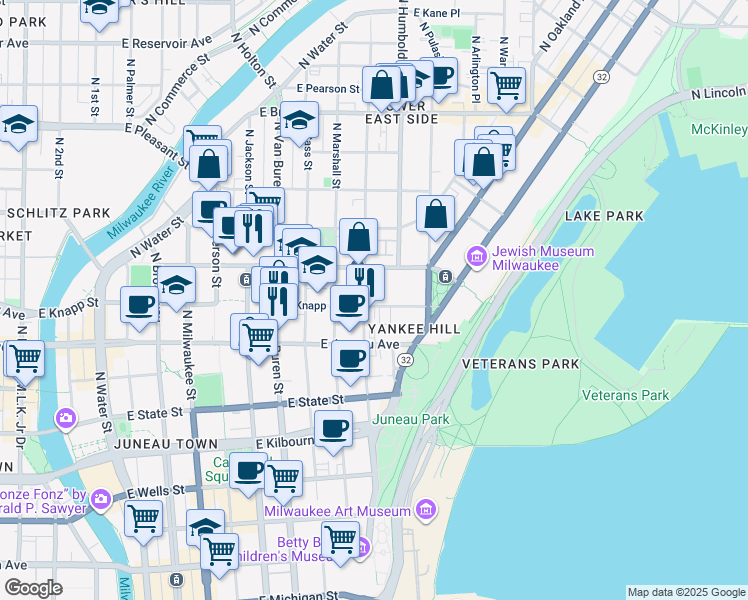 map of restaurants, bars, coffee shops, grocery stores, and more near in Milwaukee