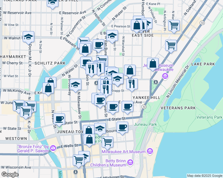 map of restaurants, bars, coffee shops, grocery stores, and more near 702 East Knapp Street in Milwaukee