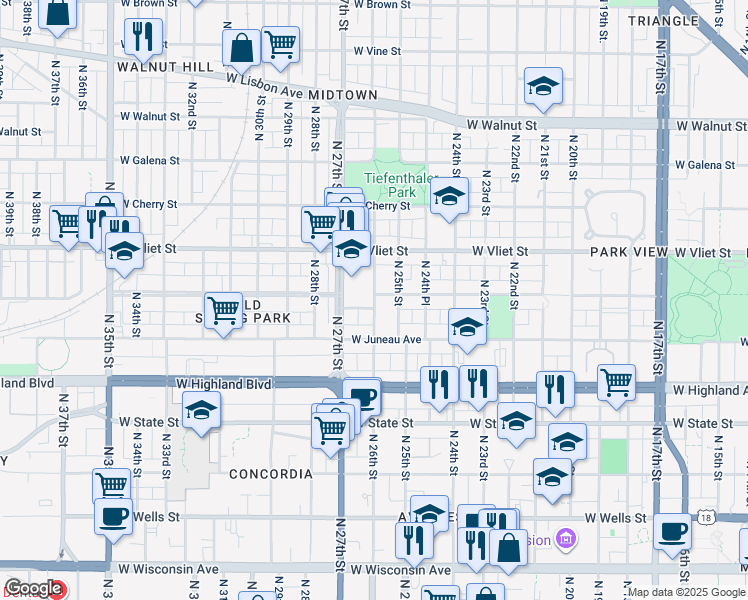 map of restaurants, bars, coffee shops, grocery stores, and more near 1239 North 26th Street in Milwaukee