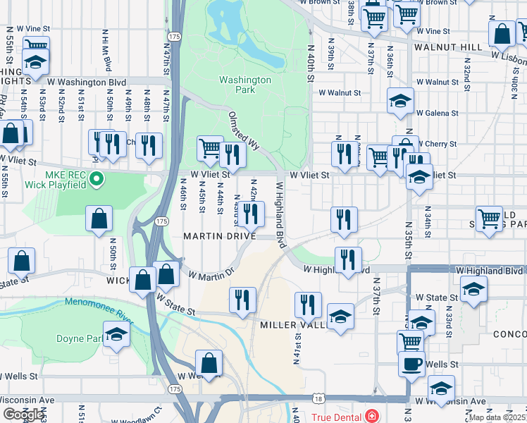 map of restaurants, bars, coffee shops, grocery stores, and more near 4209 West Highland Boulevard in Milwaukee