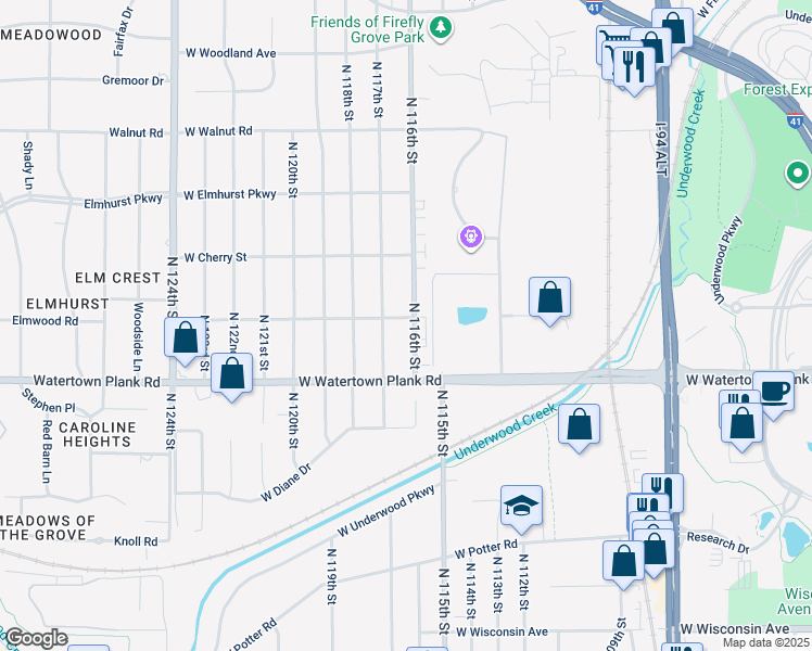map of restaurants, bars, coffee shops, grocery stores, and more near 1265 North 116th Street in Wauwatosa