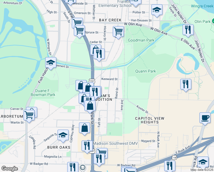 map of restaurants, bars, coffee shops, grocery stores, and more near 1829 Beld Street in Madison