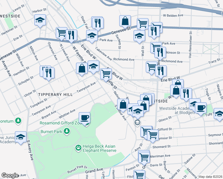 map of restaurants, bars, coffee shops, grocery stores, and more near 104 Nelson Street in Syracuse
