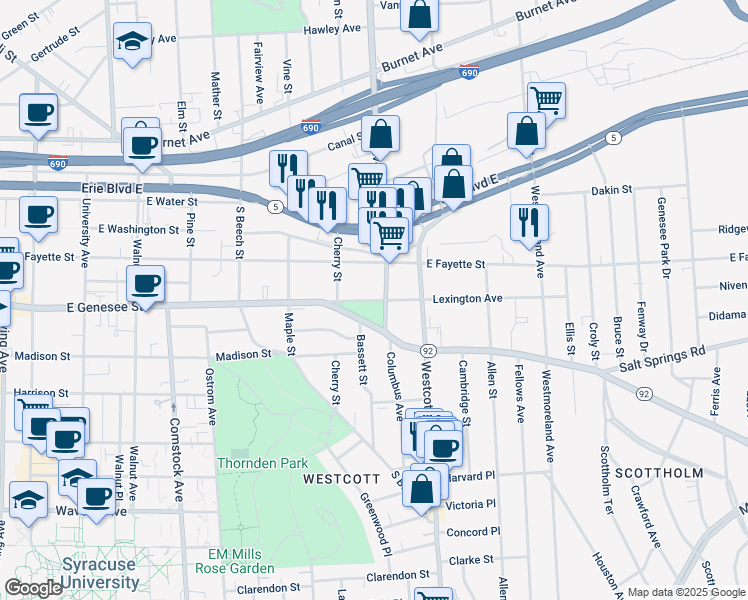 map of restaurants, bars, coffee shops, grocery stores, and more near 137 Lexington Avenue in Syracuse