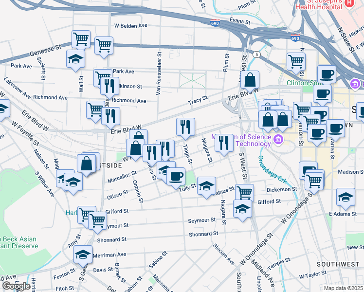 map of restaurants, bars, coffee shops, grocery stores, and more near 106 Tioga St in Syracuse