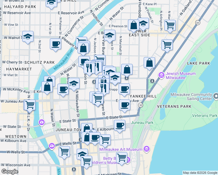 map of restaurants, bars, coffee shops, grocery stores, and more near 1303 North Cass Street in Milwaukee