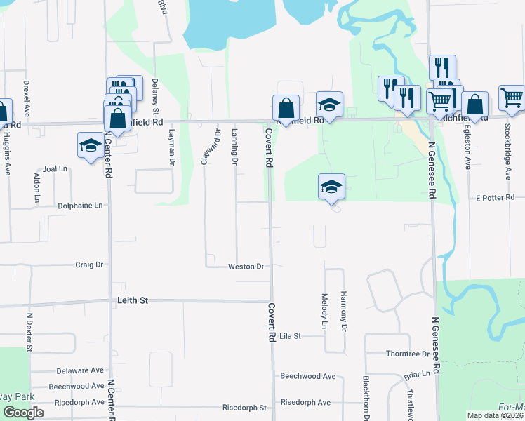 map of restaurants, bars, coffee shops, grocery stores, and more near 2513 Covert Road in Burton