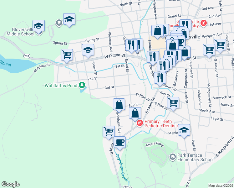map of restaurants, bars, coffee shops, grocery stores, and more near 66 West Pine Street in Gloversville
