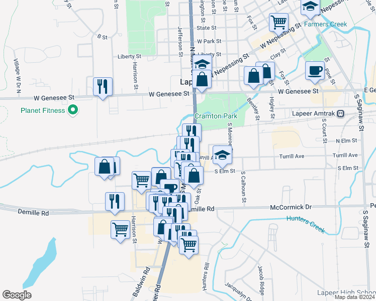 map of restaurants, bars, coffee shops, grocery stores, and more near 232 South Main Street in Lapeer