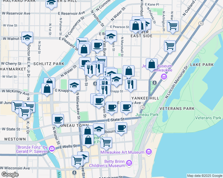 map of restaurants, bars, coffee shops, grocery stores, and more near 1303 North Cass Street in Milwaukee
