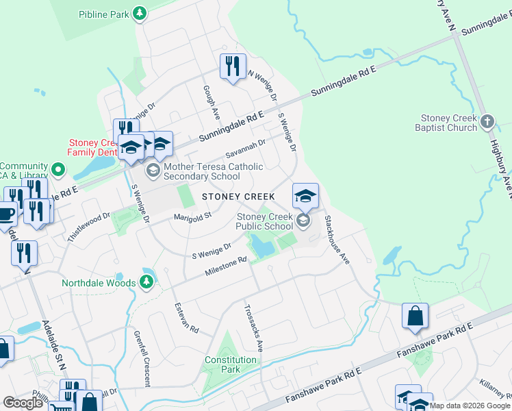 map of restaurants, bars, coffee shops, grocery stores, and more near 1268 South Wenige Drive in London