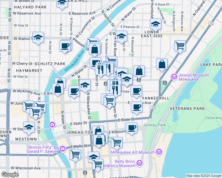 map of restaurants, bars, coffee shops, grocery stores, and more near 1300 North Jackson Street in Milwaukee