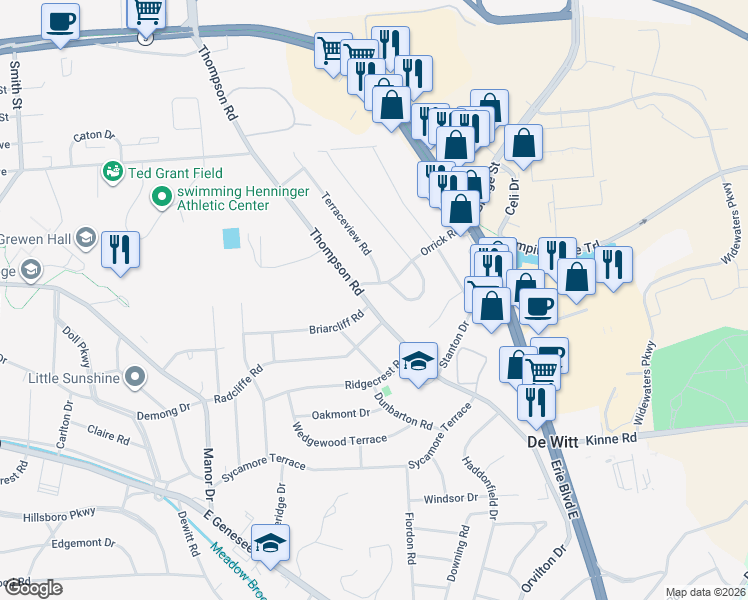 map of restaurants, bars, coffee shops, grocery stores, and more near 5700 Thompson Road in Syracuse