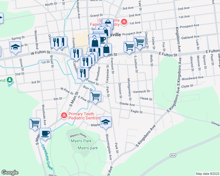 map of restaurants, bars, coffee shops, grocery stores, and more near 5 Park Street in Gloversville