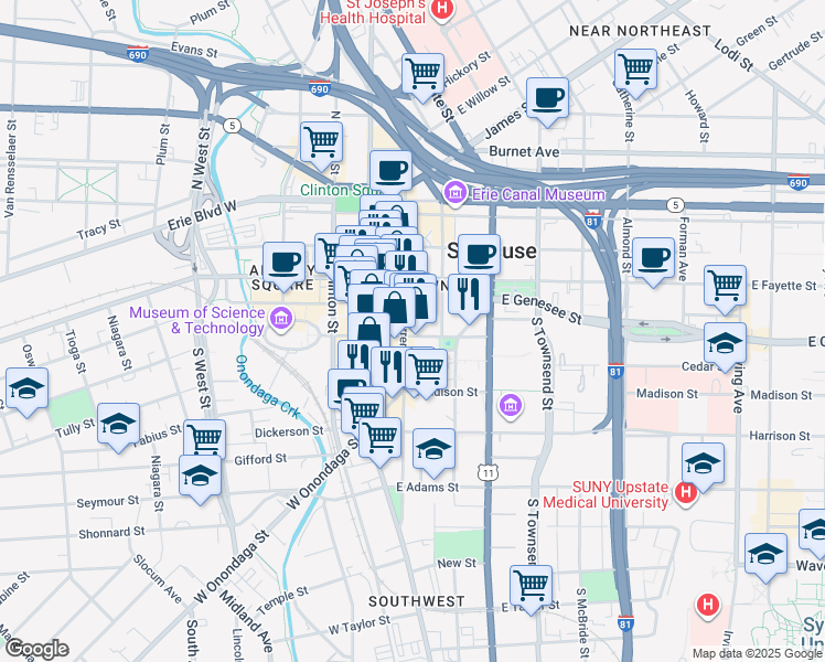 map of restaurants, bars, coffee shops, grocery stores, and more near 201 East Jefferson Street in Syracuse