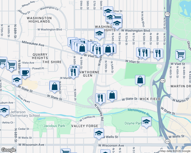 map of restaurants, bars, coffee shops, grocery stores, and more near 1239 North Hawley Road in Milwaukee