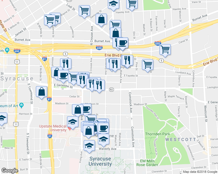 map of restaurants, bars, coffee shops, grocery stores, and more near 1105 East Genesee Street in Syracuse