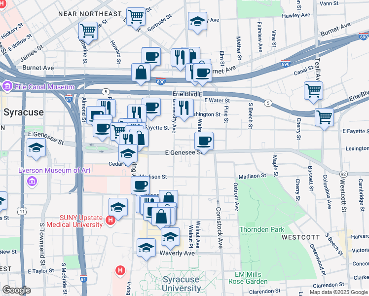 map of restaurants, bars, coffee shops, grocery stores, and more near 325 University Avenue in Syracuse