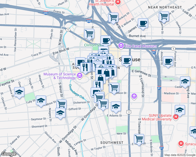 map of restaurants, bars, coffee shops, grocery stores, and more near 401 South Salina Street in Syracuse