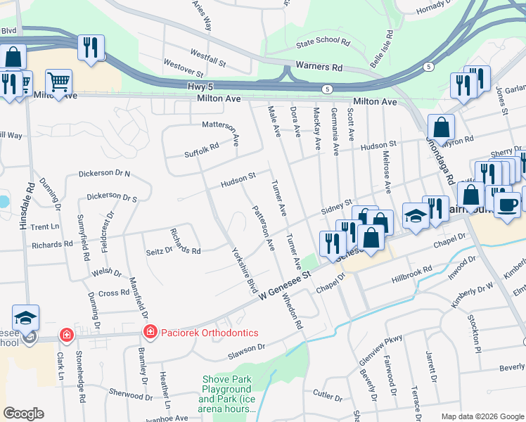 map of restaurants, bars, coffee shops, grocery stores, and more near 210 Patterson Avenue in Syracuse