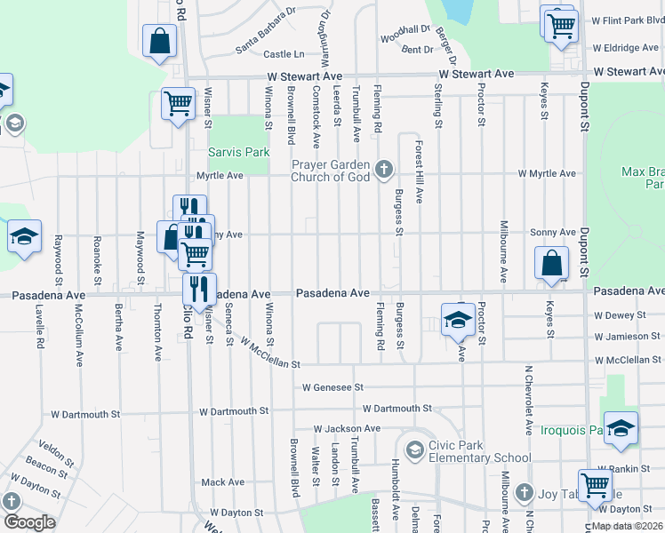 map of restaurants, bars, coffee shops, grocery stores, and more near 3423 Leerda Street in Flint