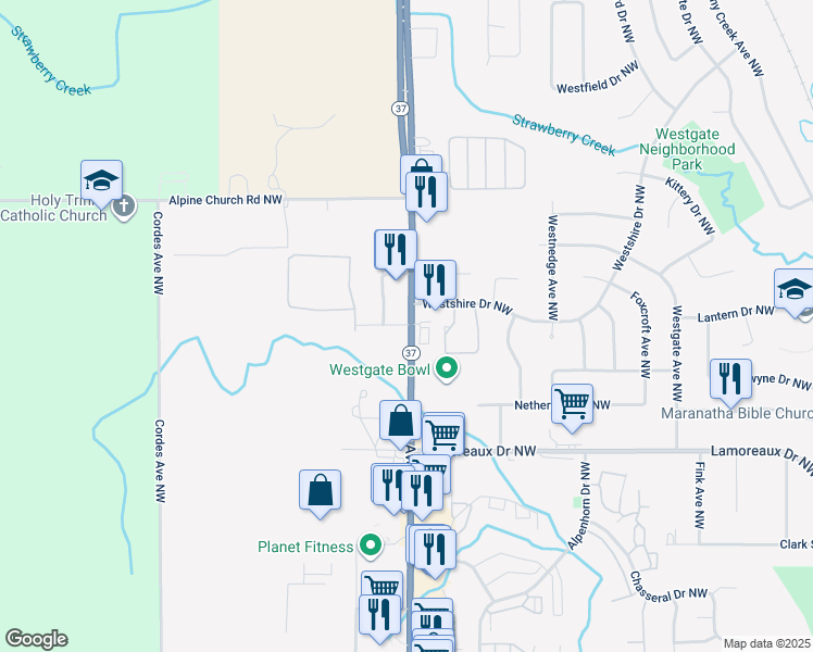 map of restaurants, bars, coffee shops, grocery stores, and more near 4601 Alpine Avenue Northwest in Comstock Park