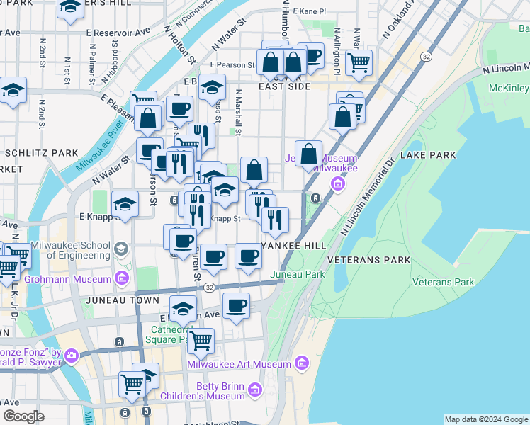 map of restaurants, bars, coffee shops, grocery stores, and more near in Milwaukee