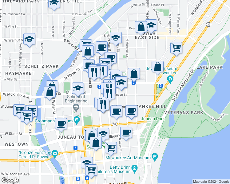 map of restaurants, bars, coffee shops, grocery stores, and more near 702 East Knapp Street in Milwaukee