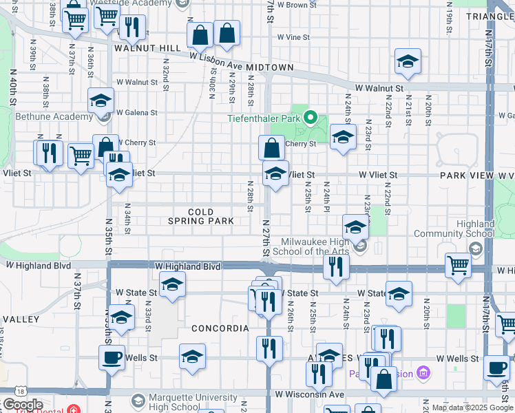 map of restaurants, bars, coffee shops, grocery stores, and more near in Milwaukee