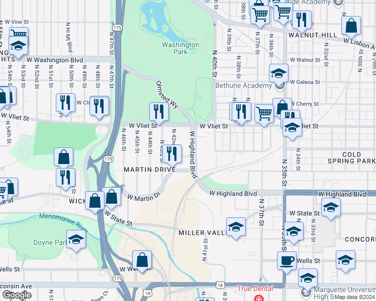 map of restaurants, bars, coffee shops, grocery stores, and more near 4209 West Highland Boulevard in Milwaukee