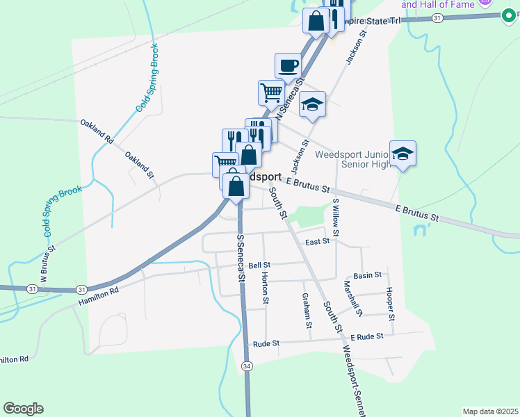 map of restaurants, bars, coffee shops, grocery stores, and more near Liberty Street in Weedsport