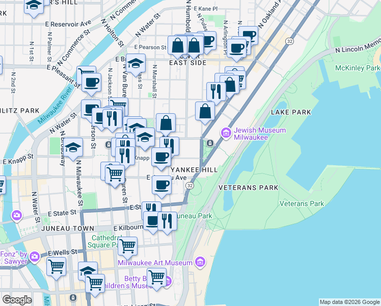 map of restaurants, bars, coffee shops, grocery stores, and more near 1112 East Knapp Street in Milwaukee