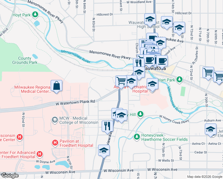 map of restaurants, bars, coffee shops, grocery stores, and more near 8030 Harwood Avenue in Wauwatosa