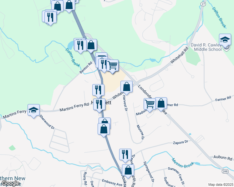 map of restaurants, bars, coffee shops, grocery stores, and more near 18 Whitehall Road in Hooksett