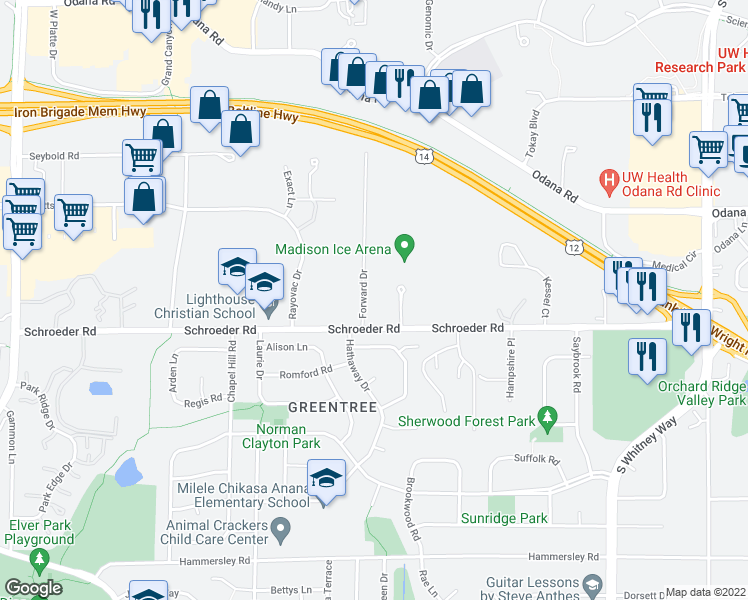 map of restaurants, bars, coffee shops, grocery stores, and more near 811 Forward Drive in Madison
