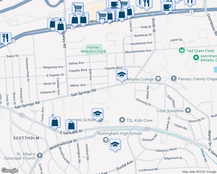 map of restaurants, bars, coffee shops, grocery stores, and more near 920 Salt Springs Road in Syracuse