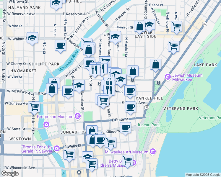 map of restaurants, bars, coffee shops, grocery stores, and more near 702 East Knapp Street in Milwaukee