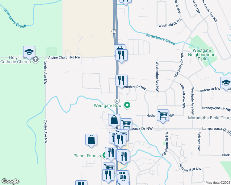 map of restaurants, bars, coffee shops, grocery stores, and more near 4601 Alpine Avenue Northwest in Comstock Park