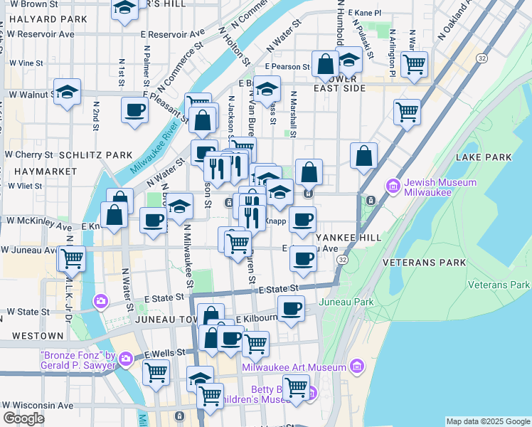 map of restaurants, bars, coffee shops, grocery stores, and more near 1309 North Cass Street in Milwaukee