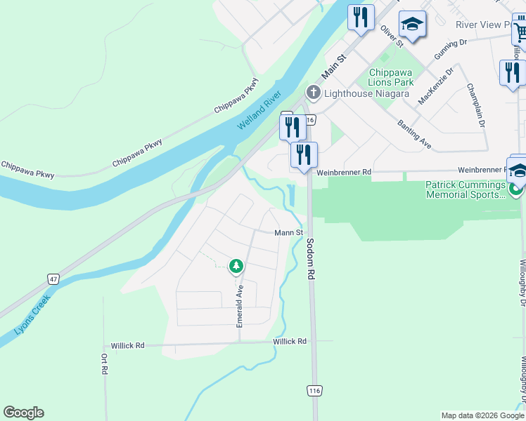 map of restaurants, bars, coffee shops, grocery stores, and more near 4311 Mann Street in Niagara Falls