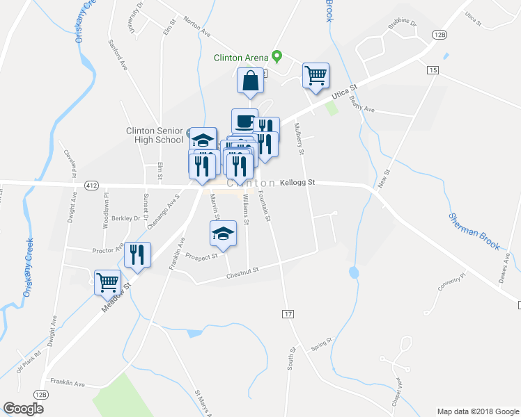 map of restaurants, bars, coffee shops, grocery stores, and more near 6 Fountain Street in Clinton