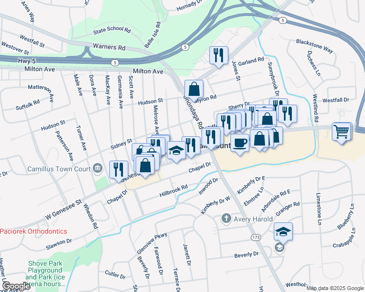 map of restaurants, bars, coffee shops, grocery stores, and more near 3802 West Genesee Street in Syracuse