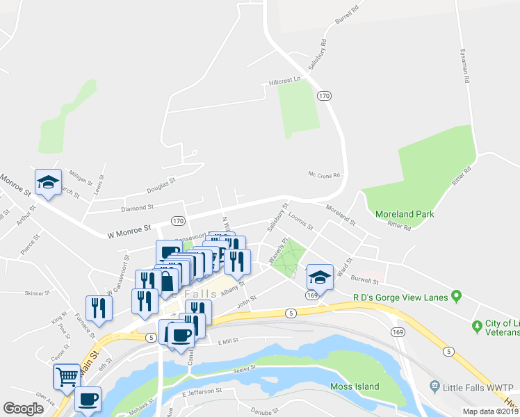 map of restaurants, bars, coffee shops, grocery stores, and more near 625 East Monroe Street in Little Falls