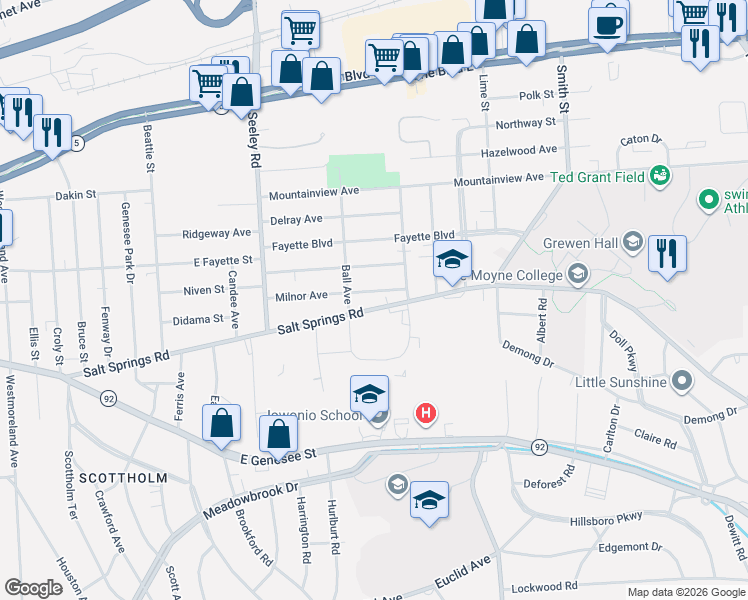 map of restaurants, bars, coffee shops, grocery stores, and more near 909 Salt Springs Road in Syracuse