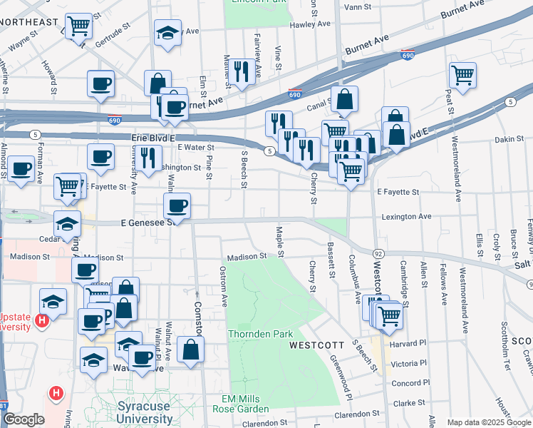 map of restaurants, bars, coffee shops, grocery stores, and more near 1531 East Genesee Street in Syracuse