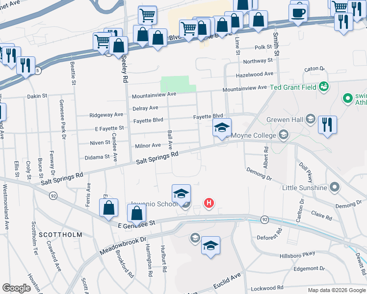 map of restaurants, bars, coffee shops, grocery stores, and more near 909 Salt Springs Road in Syracuse