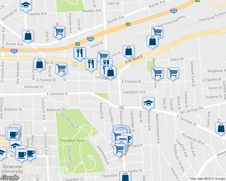 map of restaurants, bars, coffee shops, grocery stores, and more near 208 Lexington Avenue in Syracuse