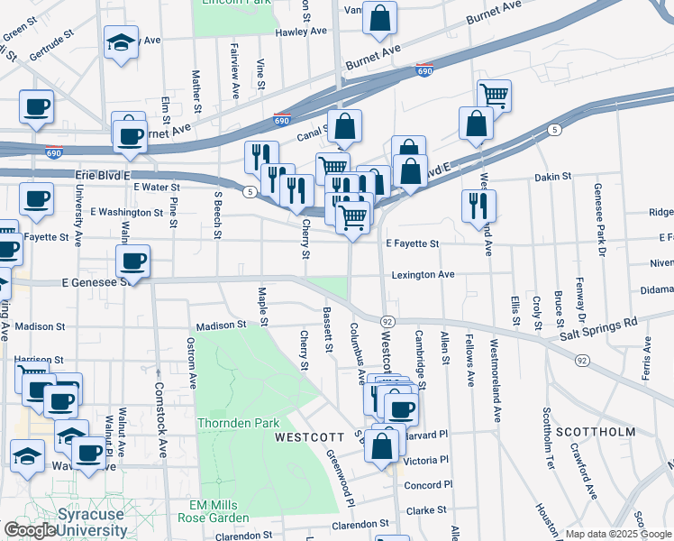 map of restaurants, bars, coffee shops, grocery stores, and more near 139 Lexington Avenue in Syracuse